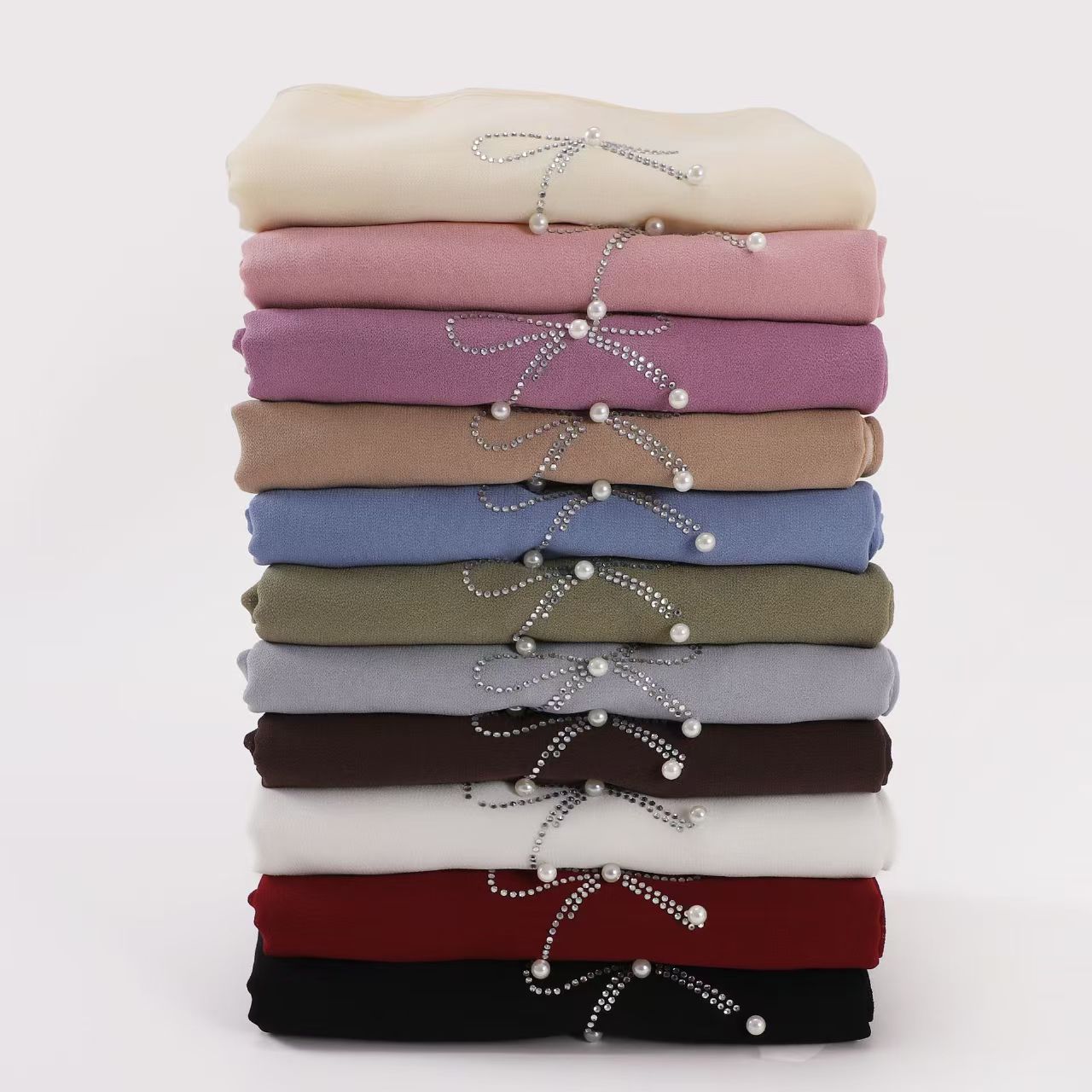T589 new pearl chiffon bow hot diamond nail bead long scarf Hui ethnic scarf small fresh female