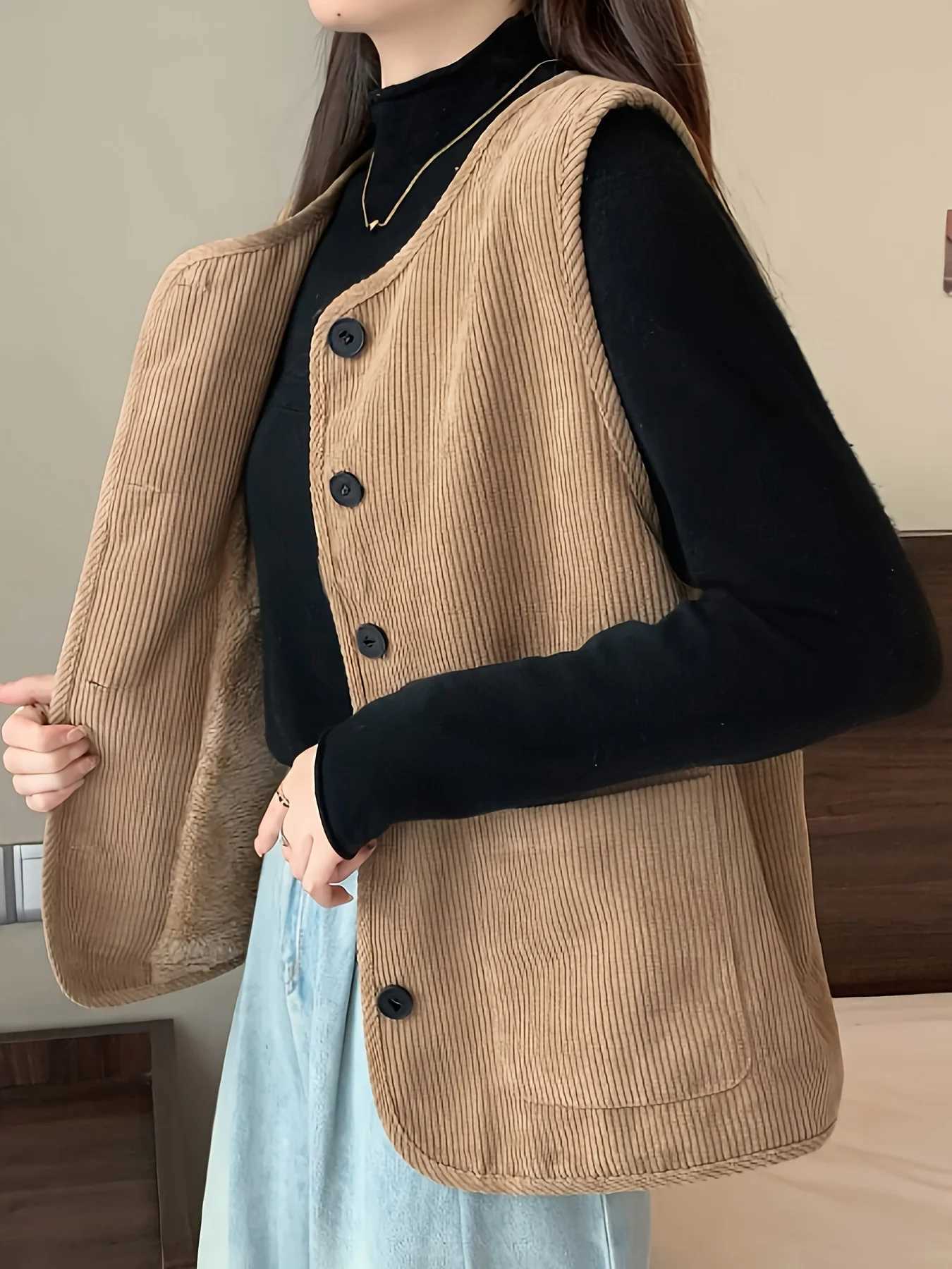 Womens Elegant Fleece-Lined Thickened Vest Autumn and Winter Fashionable Womens Clothing Comfortable and Soft Fabric Fashionable JacketT251129