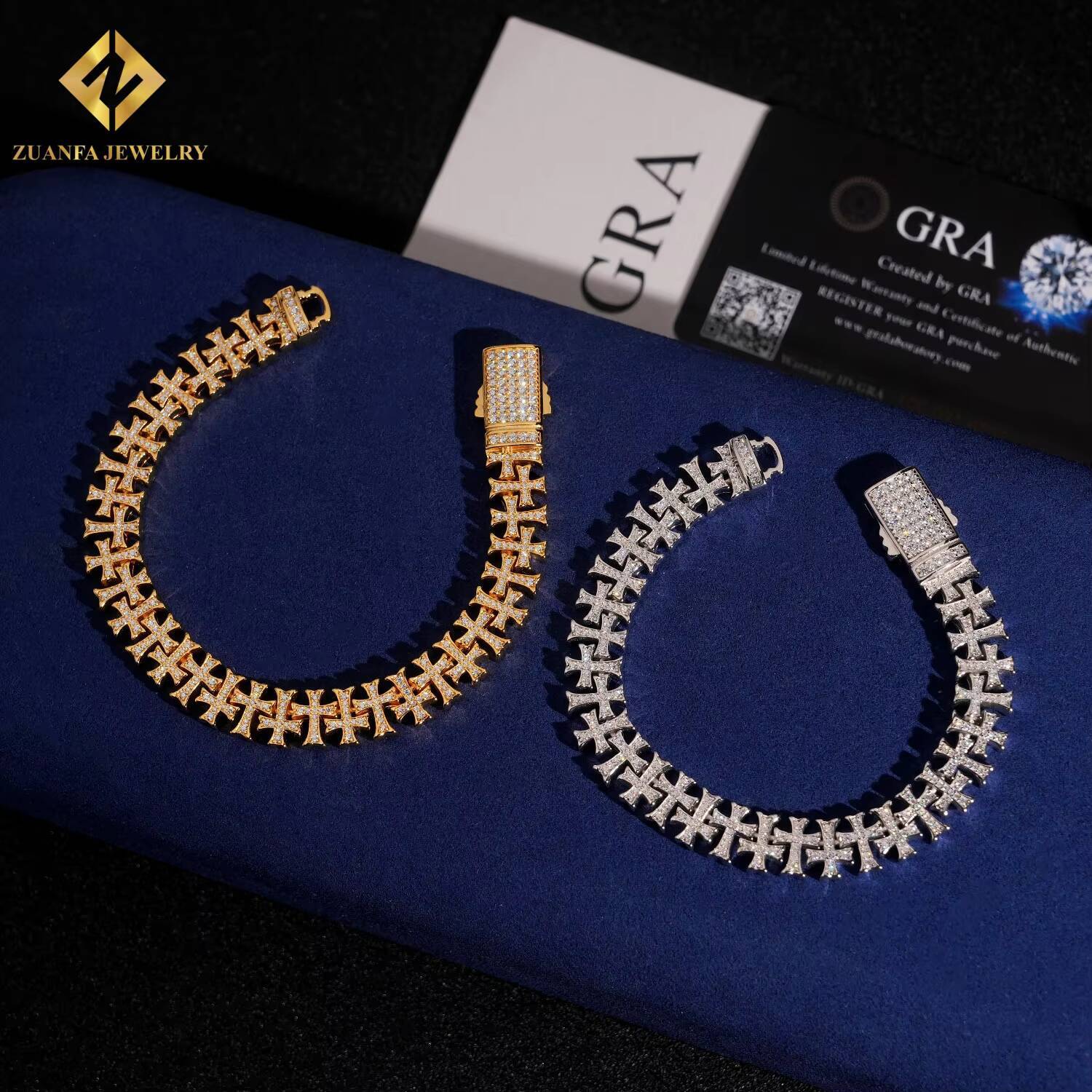Zuanfa Jewelry Vvs Moissanite With a Cross Charms Bracelet 925 Silver Men Hip Hop Iced Out Cuban Chain for Men
