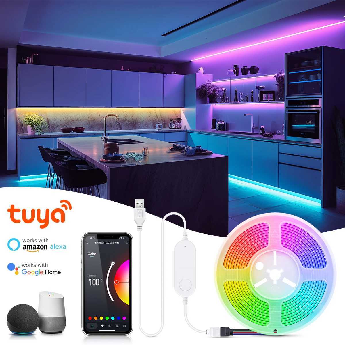 Tuya Smart APP Control WiFi /Bluetooth RGB LED Strip Light Dimmable USB COB Adhesive Ribbon for TV Computer Ambinet Backlight M251129