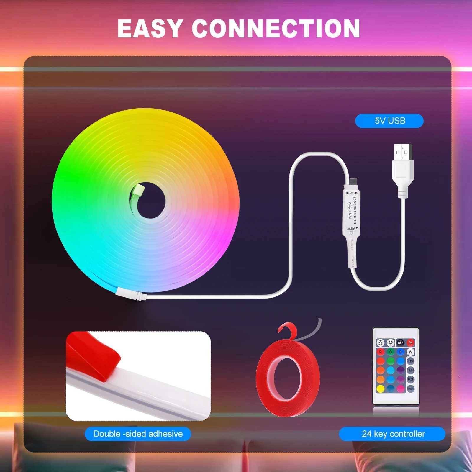 5V RGB Neon Strip Light 1M 2M 3M 5M USB Waterproof Flexible Ribbon Adhesive Tape Neon Lights With Remote Control For Home Decor M251129