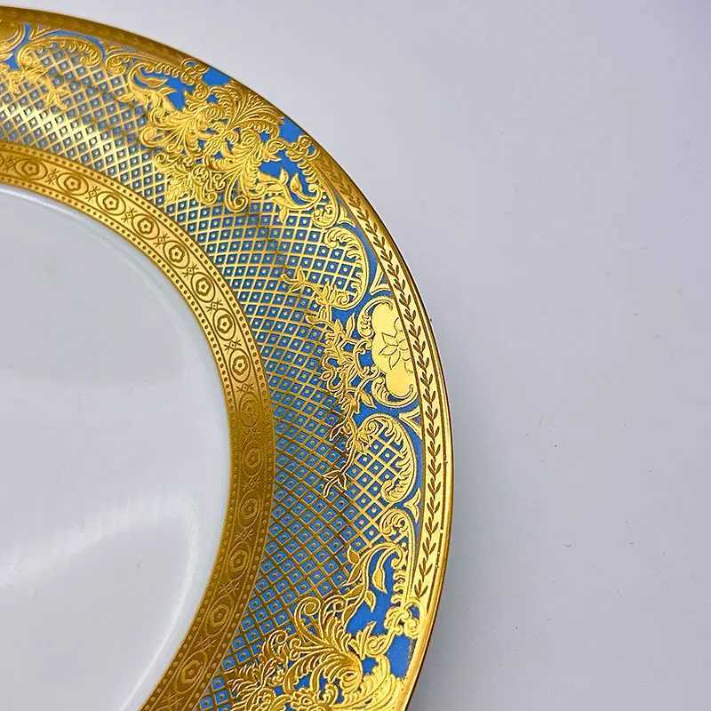 Luxury Steak Plate Light Luxury 7/10-inch Embossed w Gold-rimmed Bone Disc Large Flat Plate Shallow Plate Y251129
