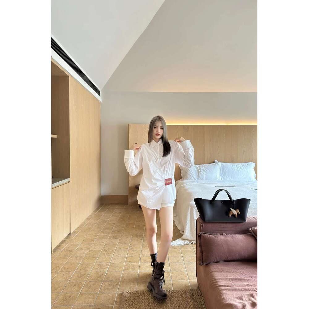 25 Spring And Summer New Long Sleeve Waist Shirt Women Irregular Lacing Leather Label Design Slim Temperament Blouse