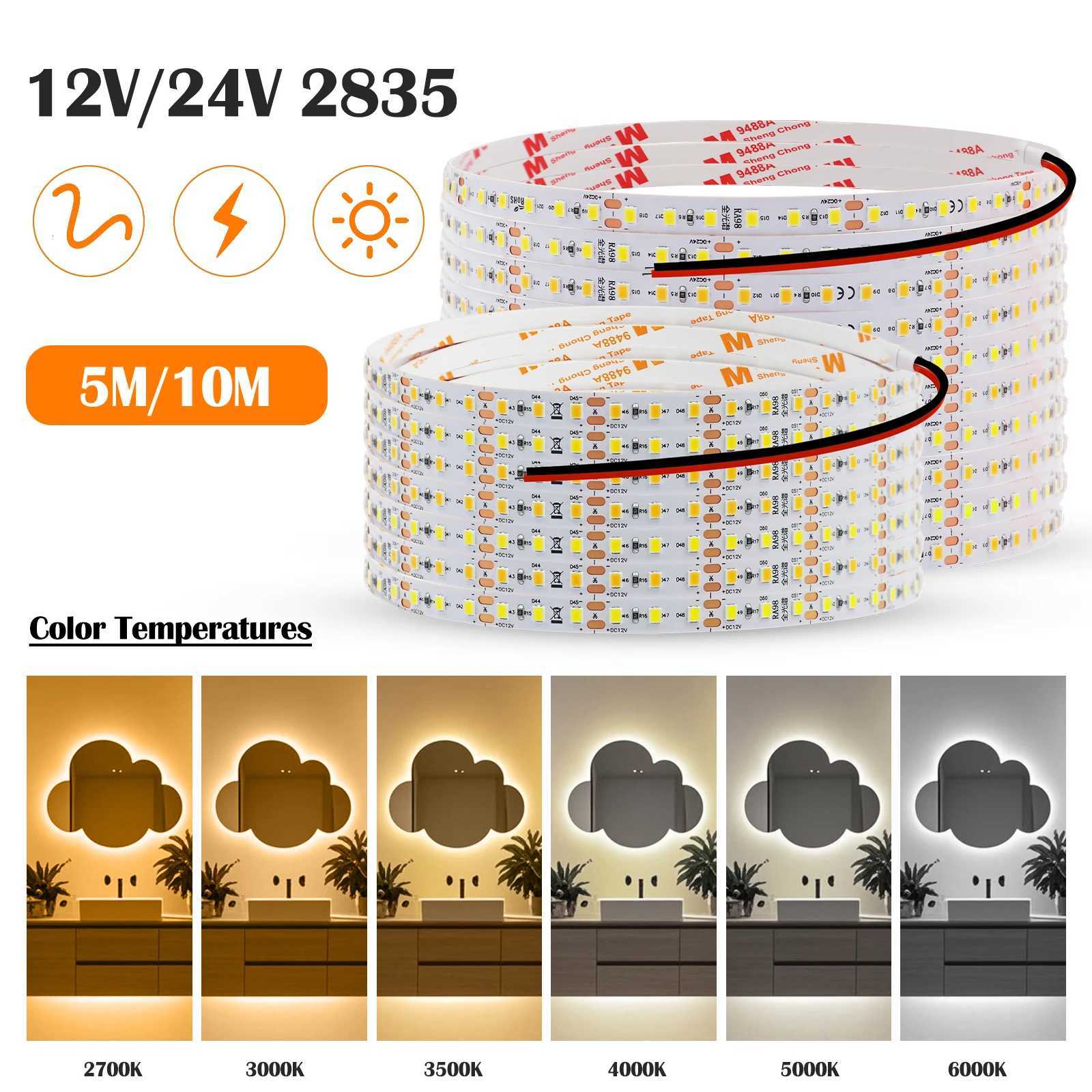 RA98 LED Strip 24V 12V 8MM PCB Full Spectrum 2700K 3000K 3500K 4000K 5000K 6000K No Flicker 2835 120Leds/M Ribbon Tape Light M251129