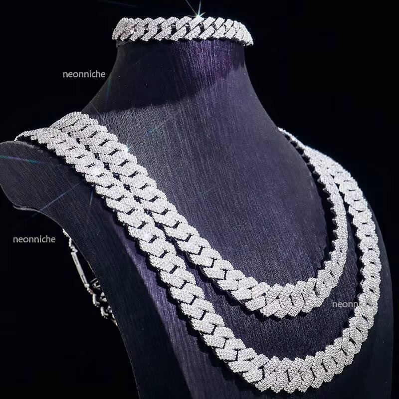 Wholesale Hip Hop Jewelry 3 Rows VVS Dia S Sterling Sier Miami Iced Out 15MM Moissanite Cuban Link Chain