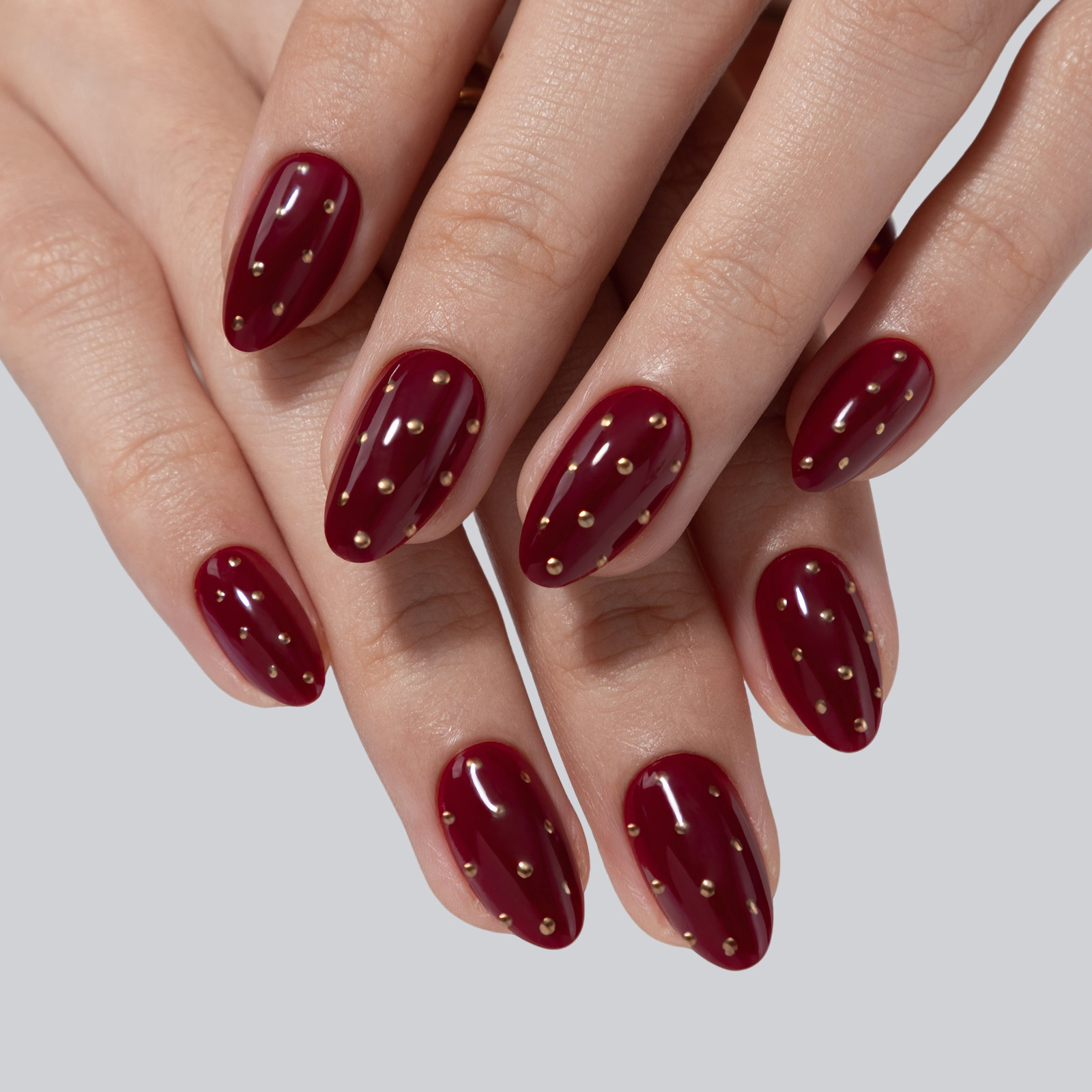 Burgundy with Gold Dots Short Soft Gel Press-on False Nails - 16 sizes for women, includes 32 reusable false nails