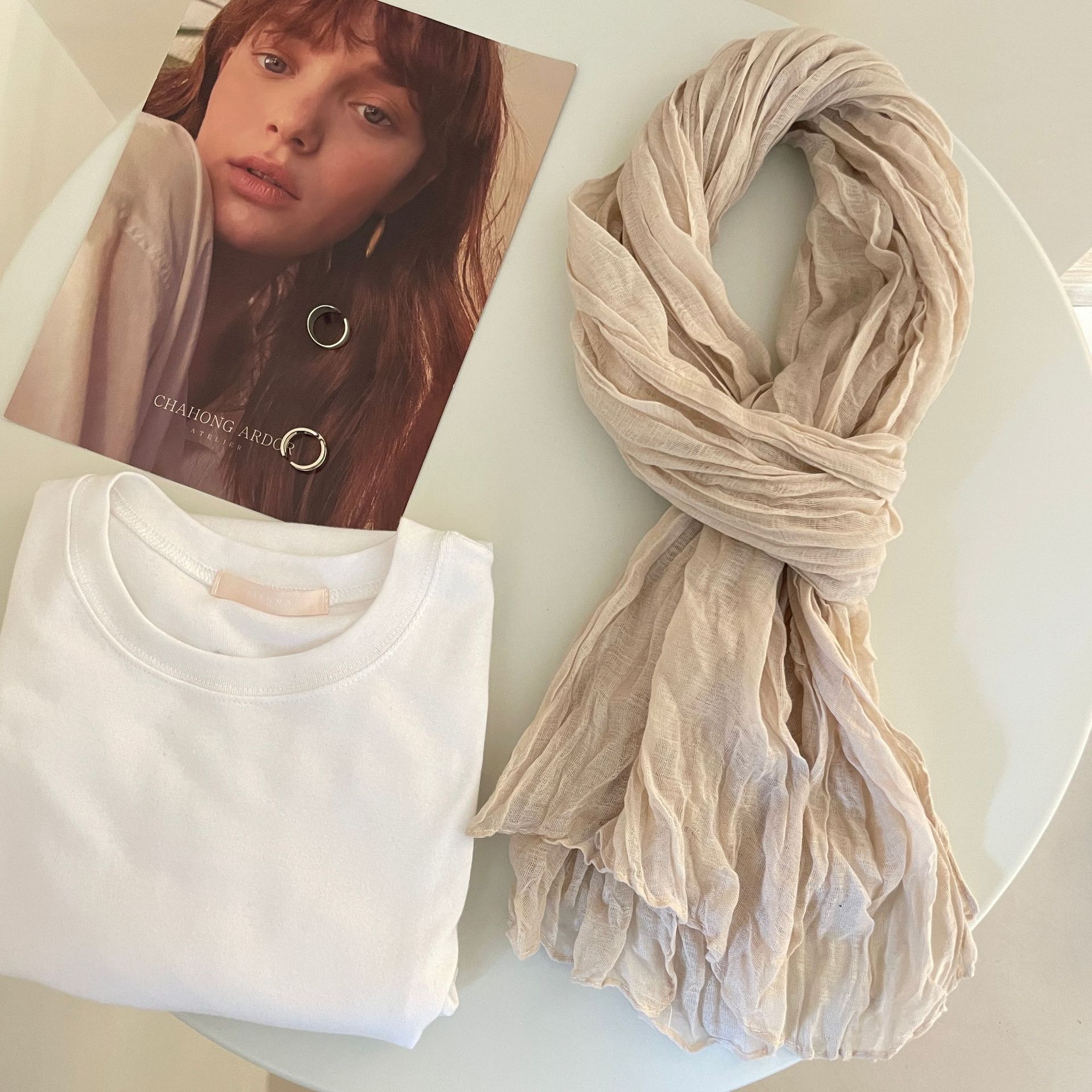K574 Spring and autumn solid color cotton and linen scarf for women with pleated long Korean style spring and autumn versatile thin decorative neck sc