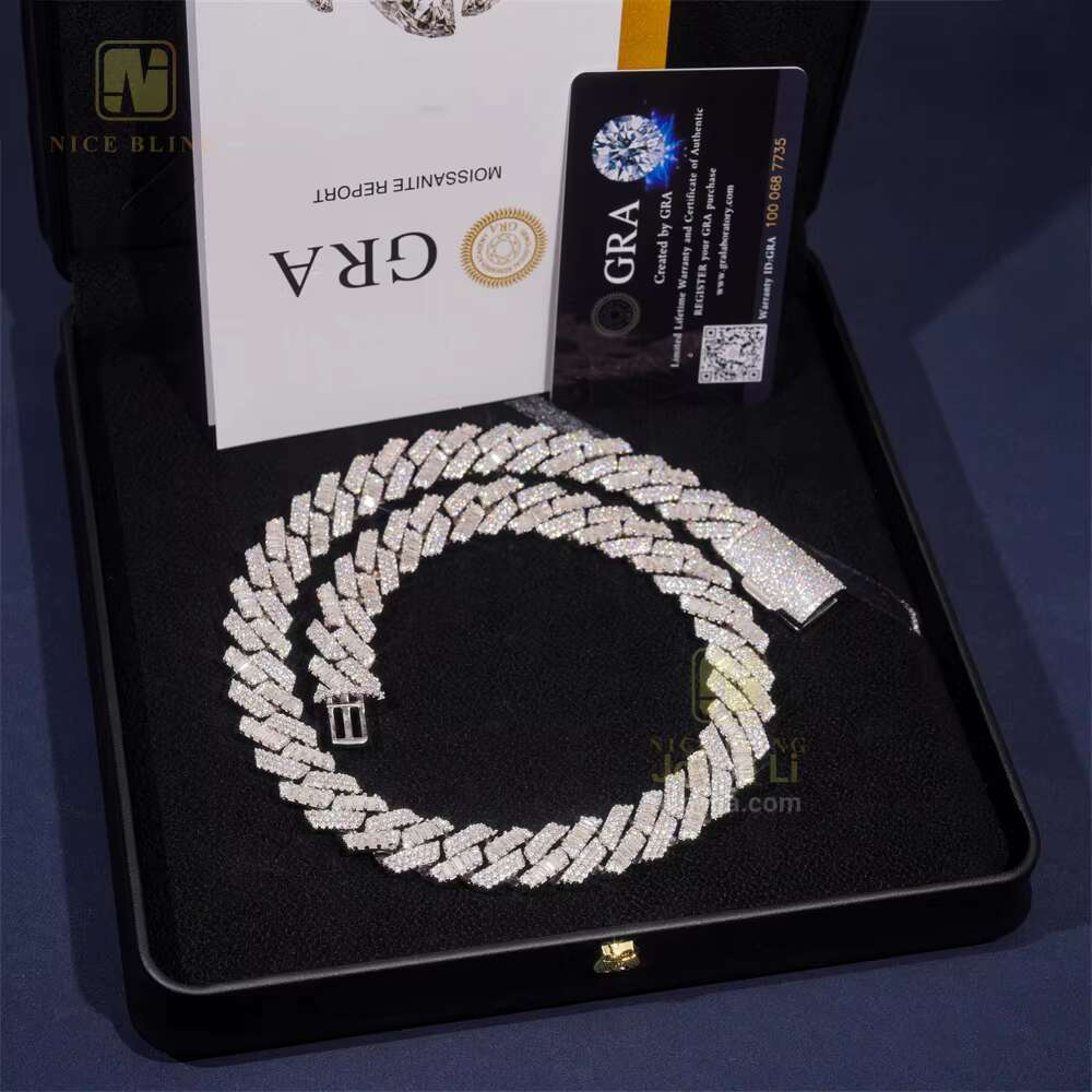 New Arrival Top Quality 15mm Two Rows Baguette Iced Out Moissanite Diamond Cuban Link Chain