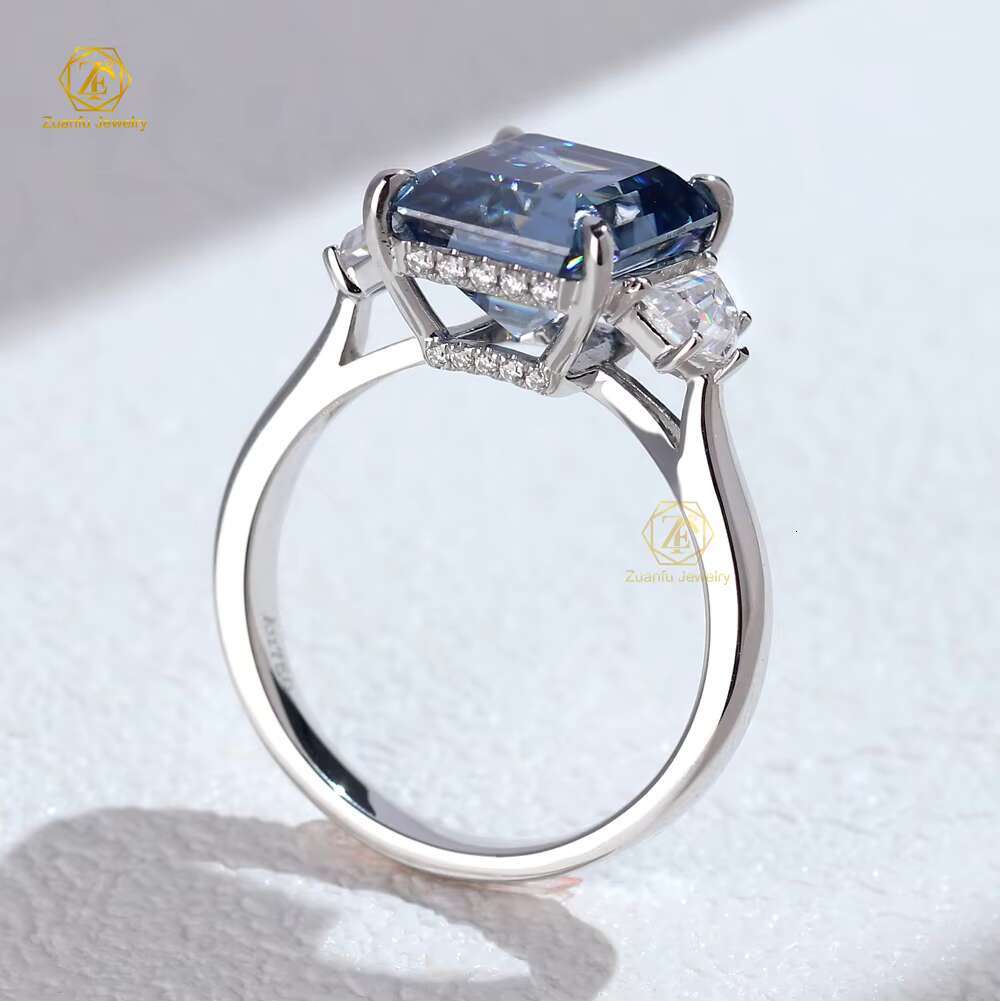 New Design 18K Solid White Gold 3 Carats Emerald Cut Blue Lab Moissanite Diamond Engagement Wedding Ring Dainty Elegant-Factory