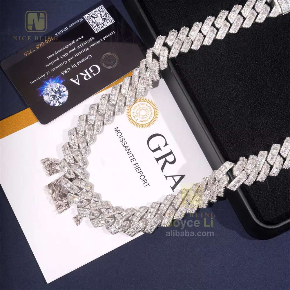 18MM Hip Hop Luxury Link Chain Iced Out Baguette925 Silver Miami Moissanite Cuban Link Chain