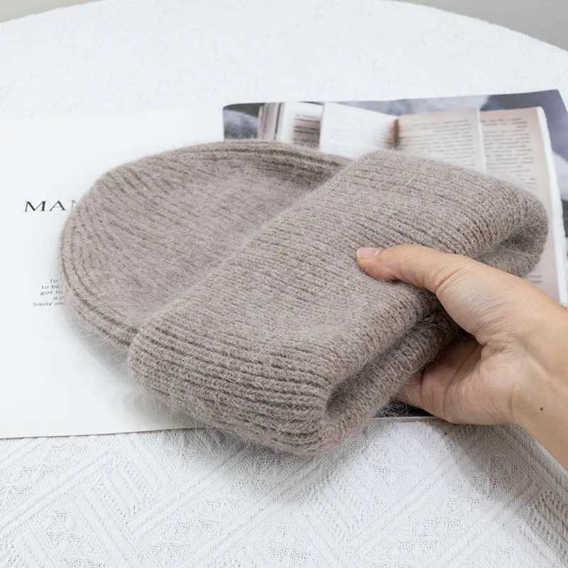 Fashion Warm Cashmere Wool Skullies Angola Rabbit Fur Winter Knitted Beanies Women Cap Female Three Fold Ski Outdoor HatsXJ251129