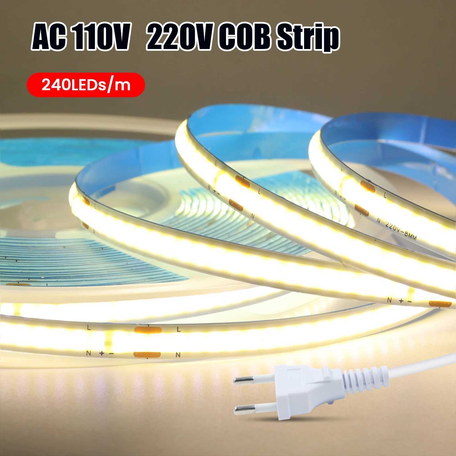 AC 110V 220V COB Strip With EU/US Plug 240Leds/M 5M 10M 15M 20M 3000K 4000K 6000K IP20 Flexible Ribbon LED Light For Home Decor M251129