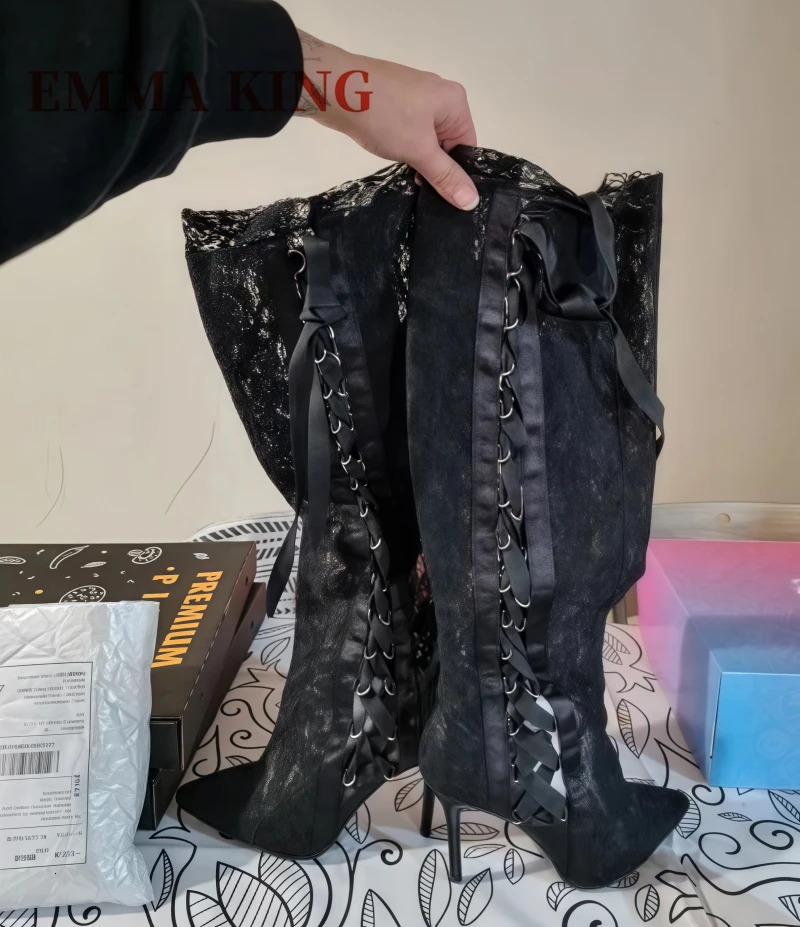 Fashion Black Lace Over The Knee Boots Lace Up Gothic Thigh High Boots High Heels Long Bridal Boots Pointed White Wedding Boots 250428