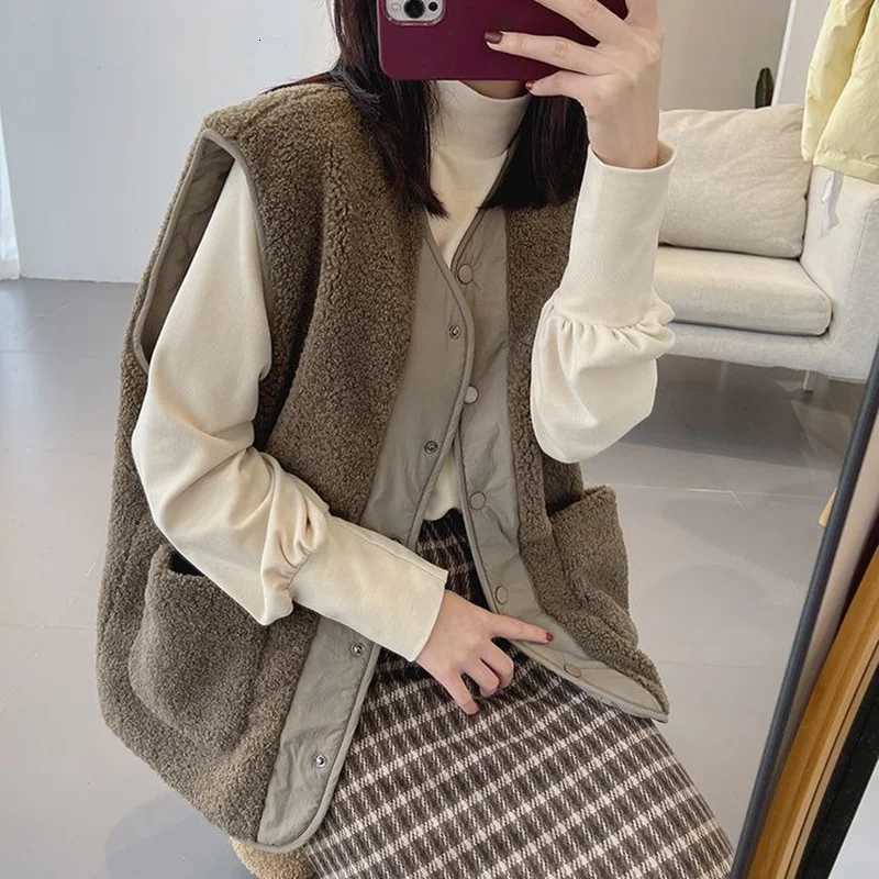 Smvp Fashion O-neck Waistcoat Solid Color Soft Baggy single-breasted reversible Sleeveless warm plush Thicken Teddy Coat ladiesT251129