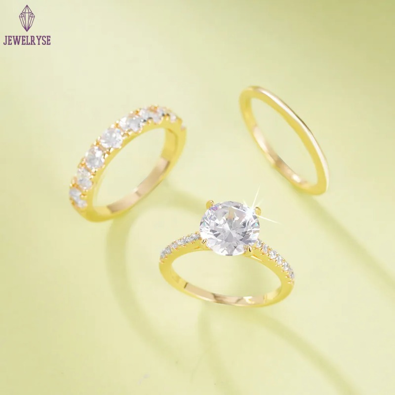 3PCS Wedding Rings Elegant Vintage Jewelry 10KT Gold Fill Round Cut White Cubic Zircon CZ Diamond Gemstones Party Eternity Women Bridal Ring Set Gift