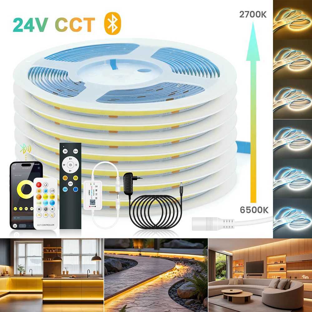 Dimmable CCT 576LEDs/m COB LED Strip Light Bluetooth Control 24V 2700K 4000K 5000K 6000K Power Kit for Home RA90 Linear Lighting M251129