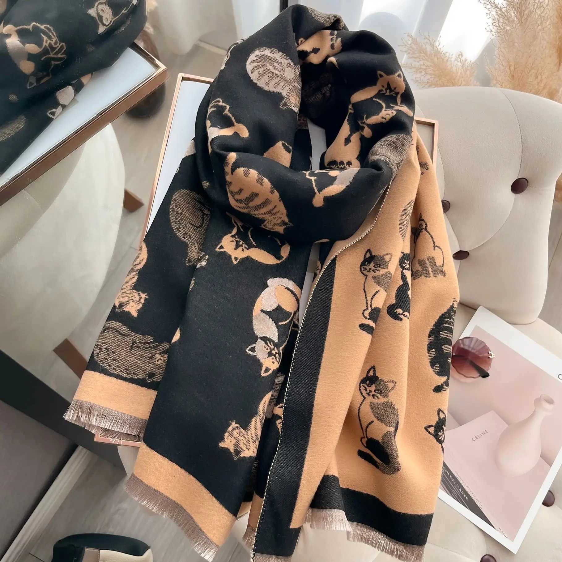 Latest Animal Jacquard Kitty Scarf Imitation Cashmere Soft Warm Fringe Shawl Autumn Winter Coldproof Windproof Blanket ScarfJ251129