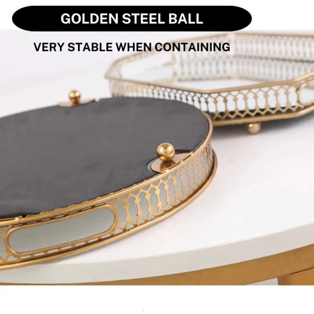 Luxury Gold Mirror Storage Tray Round Rectangle Metal Jewelry Tray Large Capacity Glass Makeup Snack Tray Bedroom Living Room Y251129