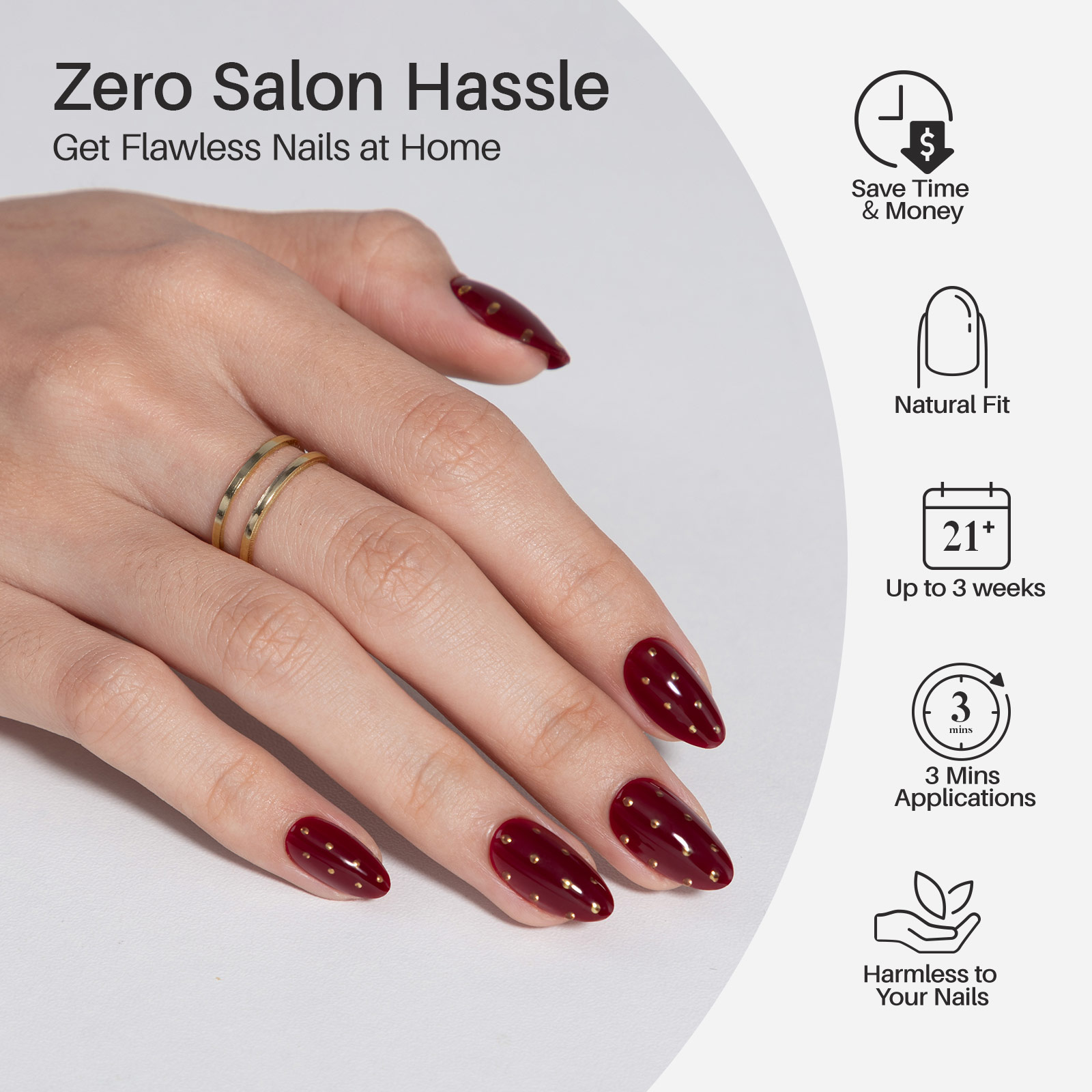 Burgundy with Gold Dots Short Soft Gel Press-on False Nails - 16 sizes for women, includes 32 reusable false nails