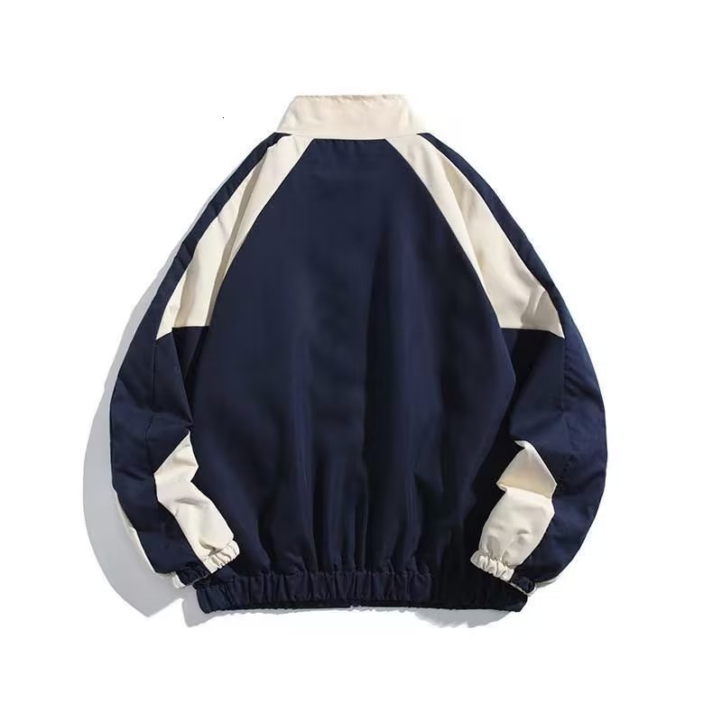 Color blocking splicing stand up collar jacket for men spring and autumn trendy brand loose college style couple casual jacket 240719