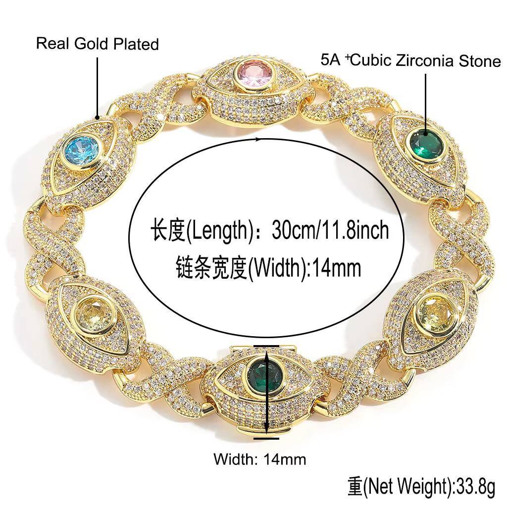 Iced Micro Paved Cubic Zirconia Bracelet Big Eyes Infinity Link Chain with Gold Plating Hip Hop Style Jewelry for Men Women
