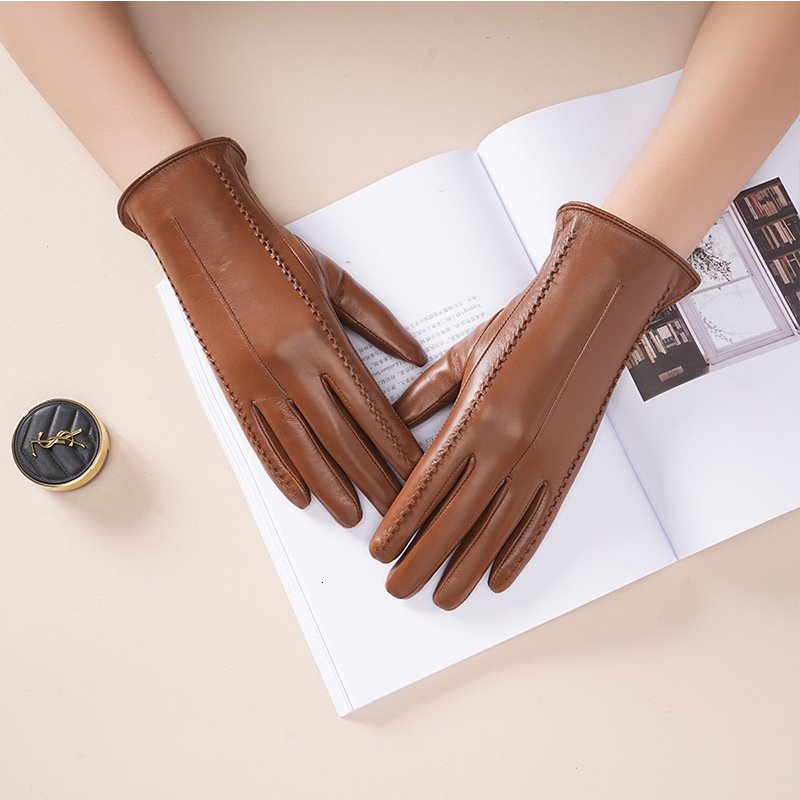 Womens sheepskin gloves winter warm plus velvet short thin touch screen driving color womens leather gloves 251112