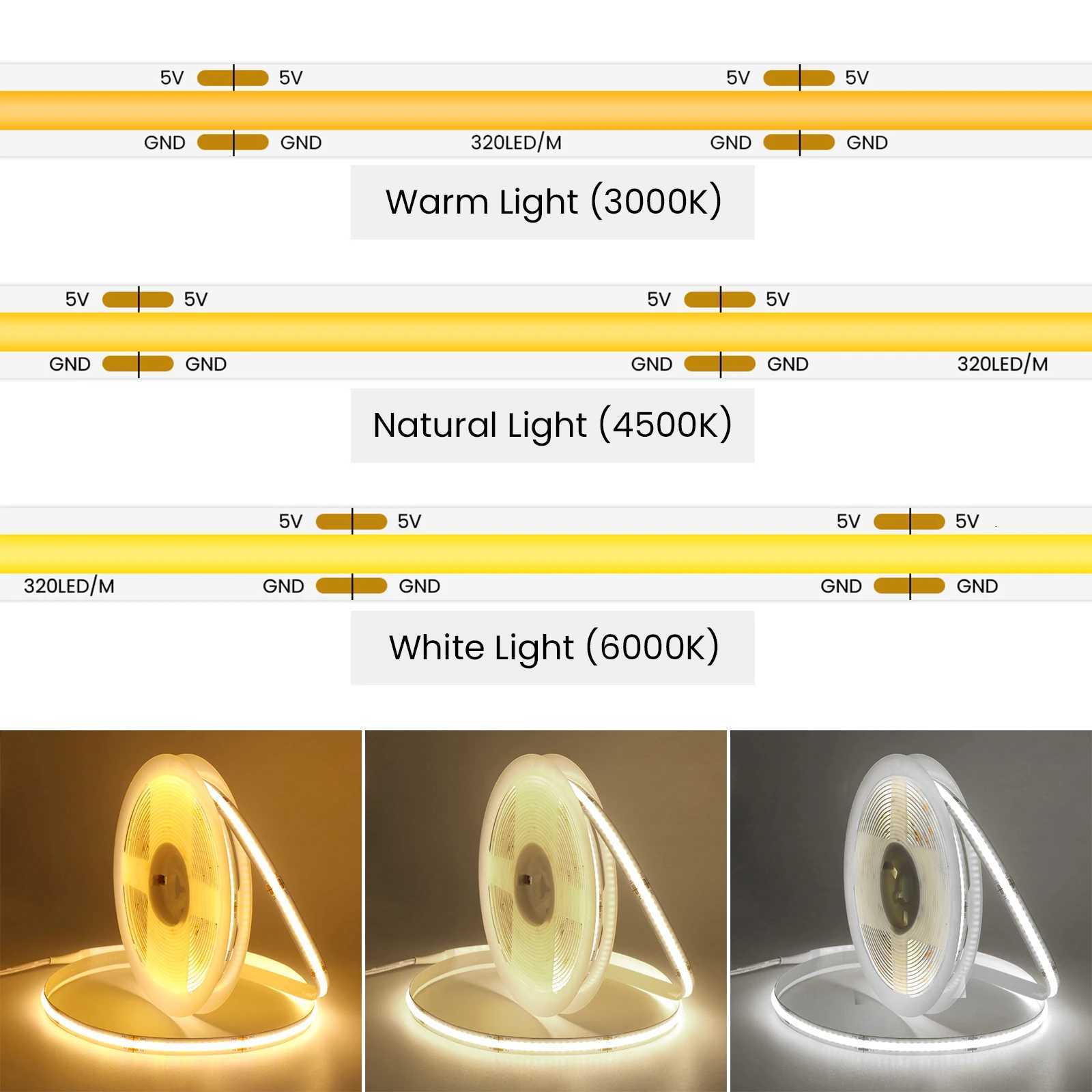 3AA Battery Box 5V COB Led Strip 8MM 320LEDs/M Warm Natural Cool White Flexible COB Strip Light for Bedroom Cabinet TV Backlight M251129