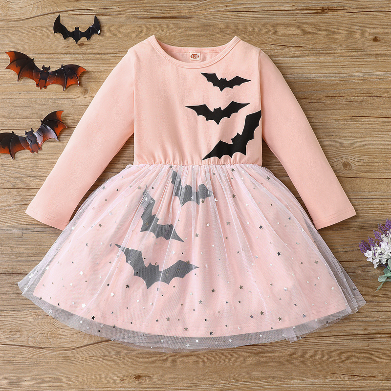 Disney Halloween long-sleeved bat wing dress with net skirt for girls princess dress for autumn party comfortable and soft for little girl to wear Fem