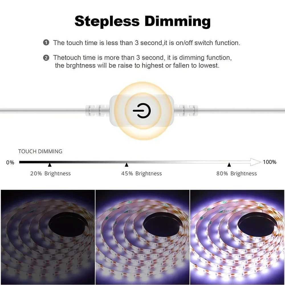5V USB 2835 LED Strip Light - Touch Sensor Dimmable Flexible Tape for Mirror Cabinet Stair Decor Lighting M251129