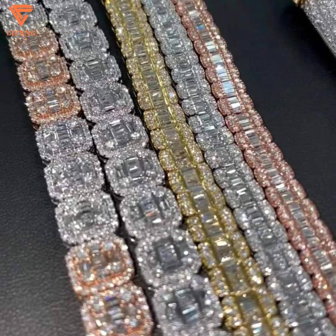 Lifeng Jewelry Hot Sale Hip Hop Rock Candy Chain 925 Silver Gold Plated Bling Moissanite Chain Iced Out Initial Necklace