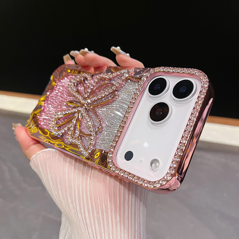 Hollow Large Butterfly Rhinestone Phone Case Compatible with iPhone 17 Pro Max Water Ripple Electroplated Soft Case iPhone 16/15