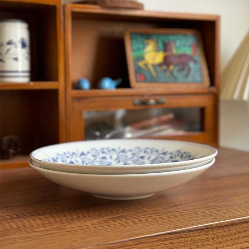 Luxury 8inches Ceramic Plate Blue Floral Print Dining Dishes Texture Underglaze Round Deep Soup Plates Household Fruit Salad Tablewares Y251129