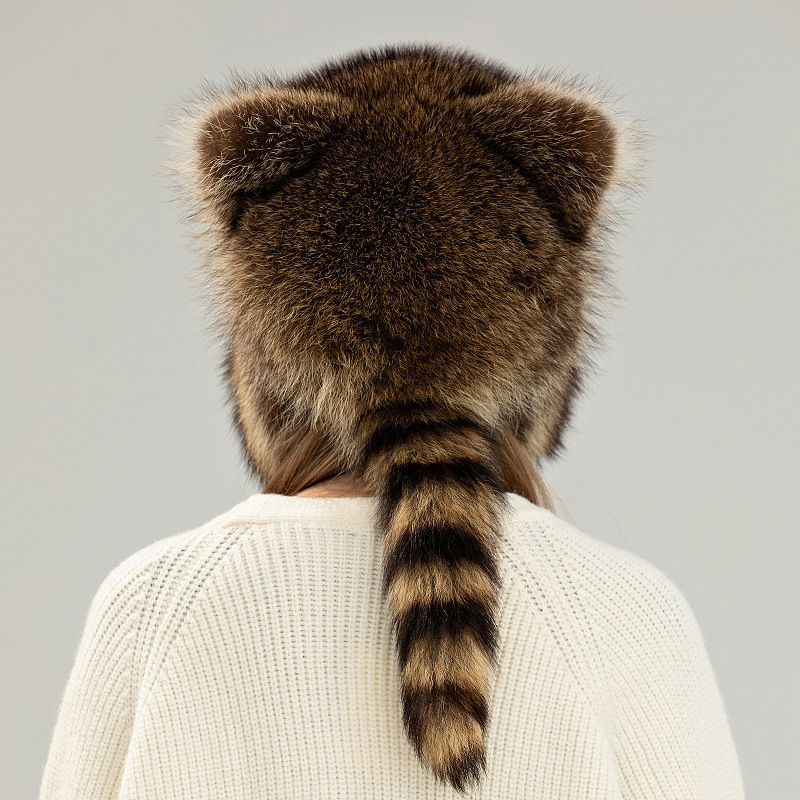 Trendy Womens Winter Hats Fluffy Stylish Warm Genuine Fashion Fur Hat Russian Raccoon Tail Hat 240910