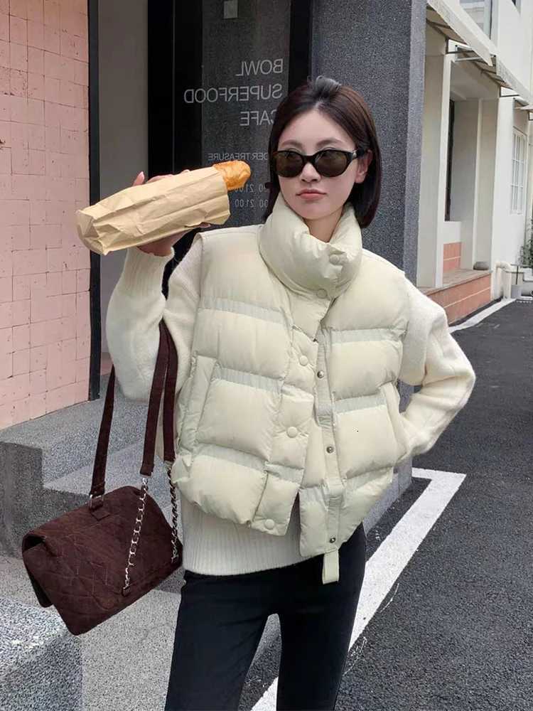 Autumn Winter Stand Collar Puff Solid Down Vest Female Single Breasted Waistcoat Outwears Women White Duck Down Sleeveless VestT251129