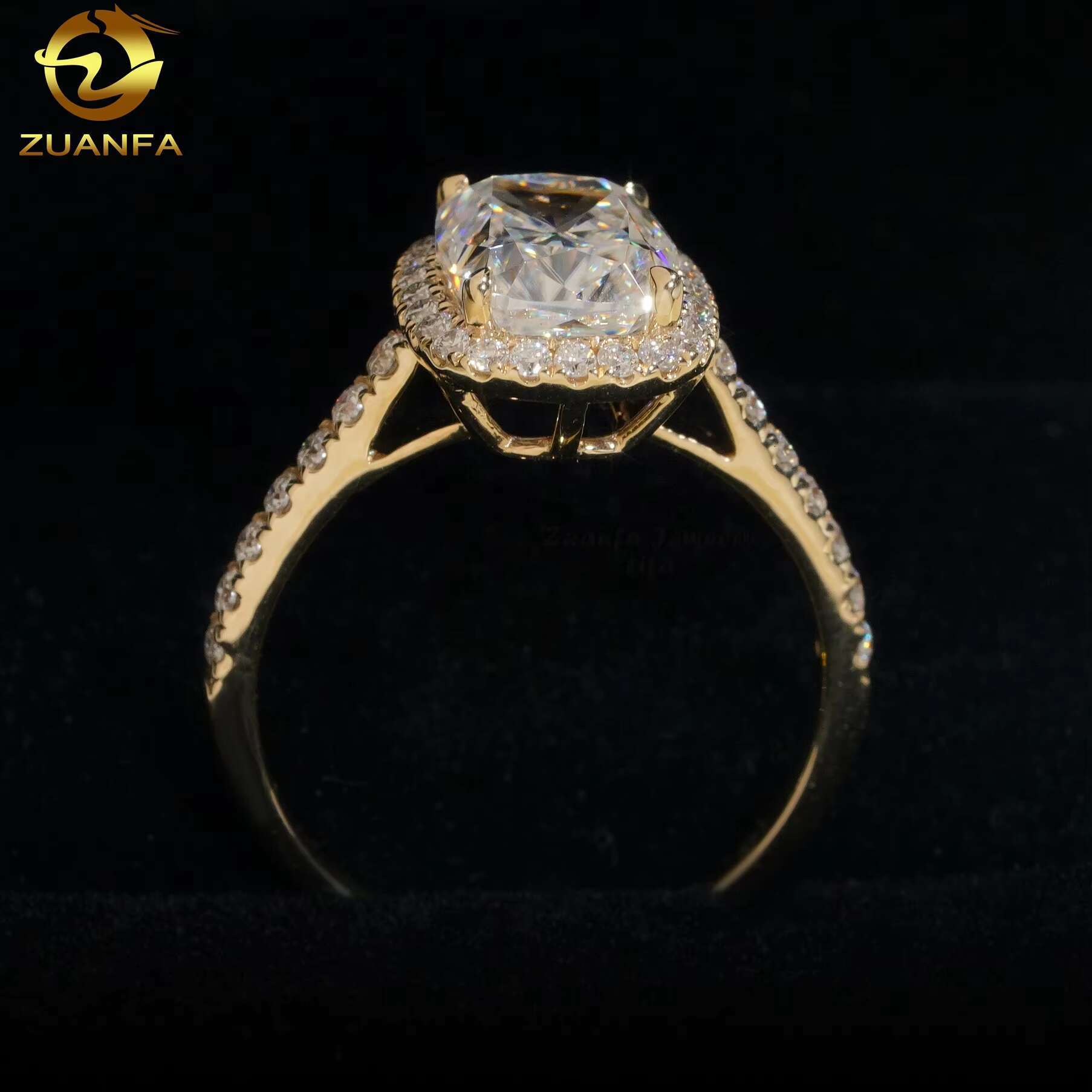 Classic Halo Design 14k Yellow Gold Long Cushion Cut 3ct VVS Moissanite Ladies Engagement Ring