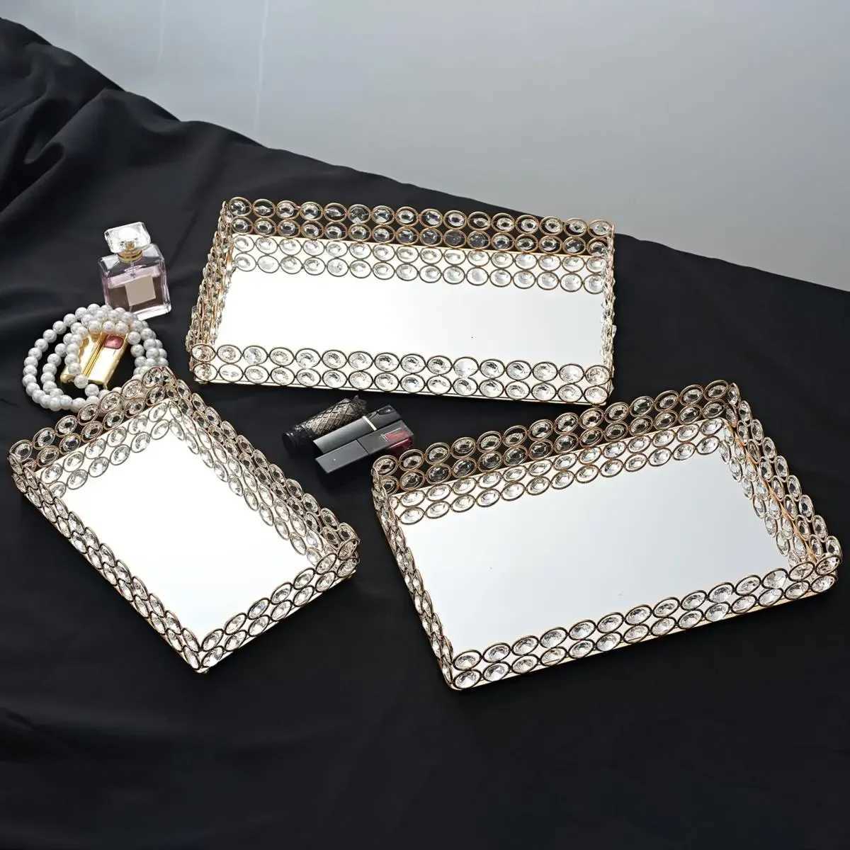 Crystal Decorative Tray Table Makeup Organizer Glass Mirror Perfume Lipstick Storage Plate Luxury Serving Tray Home Trinket Dish Y251129