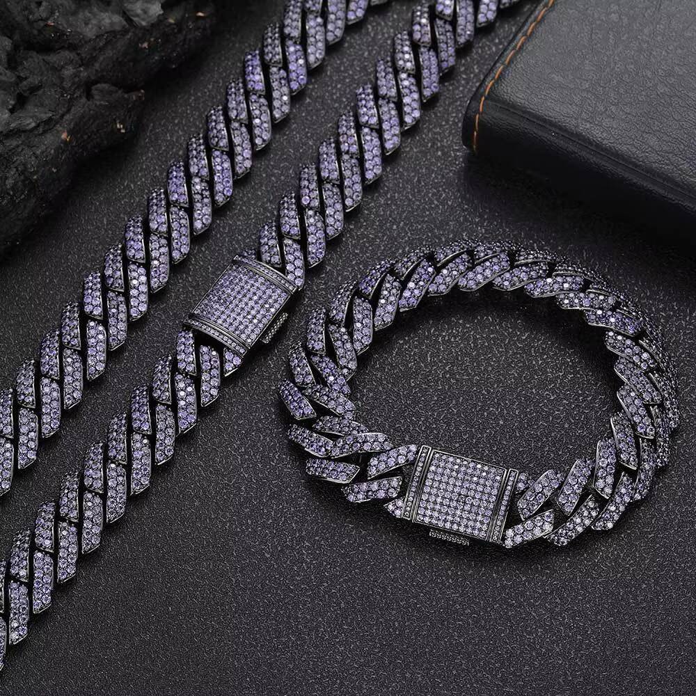 Hip Hop Jewelry 15mm Purple Diamond Cuban Link Chain Setting AAA Cubic Zirconia Prong Cuban Chain Bracelet