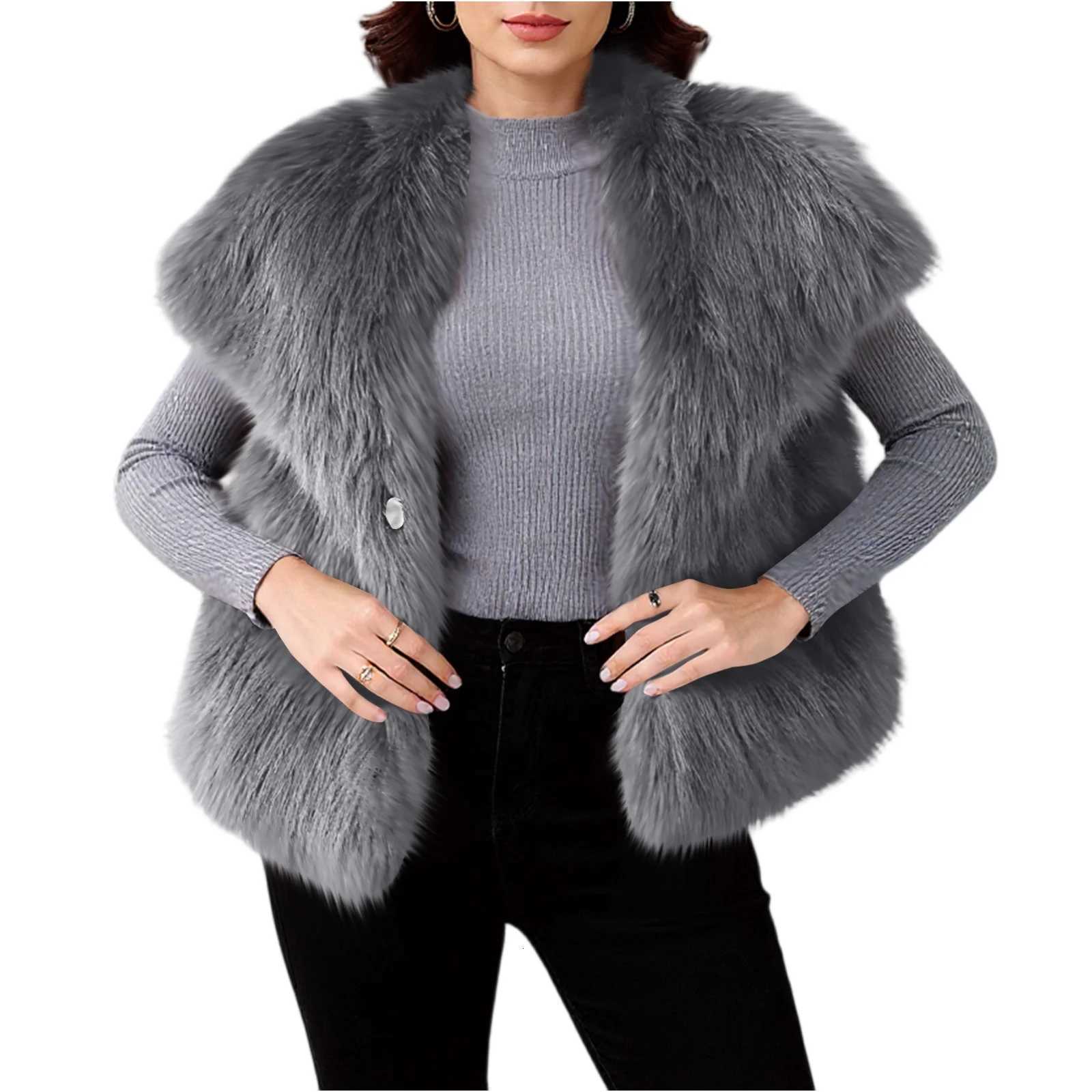 WomenS Fashion Waistcoat Vest Sleeveless Lapel Coat Solid Faux Fur Jacket Coat Winter Thicken Outerwear High Street CoatT251129
