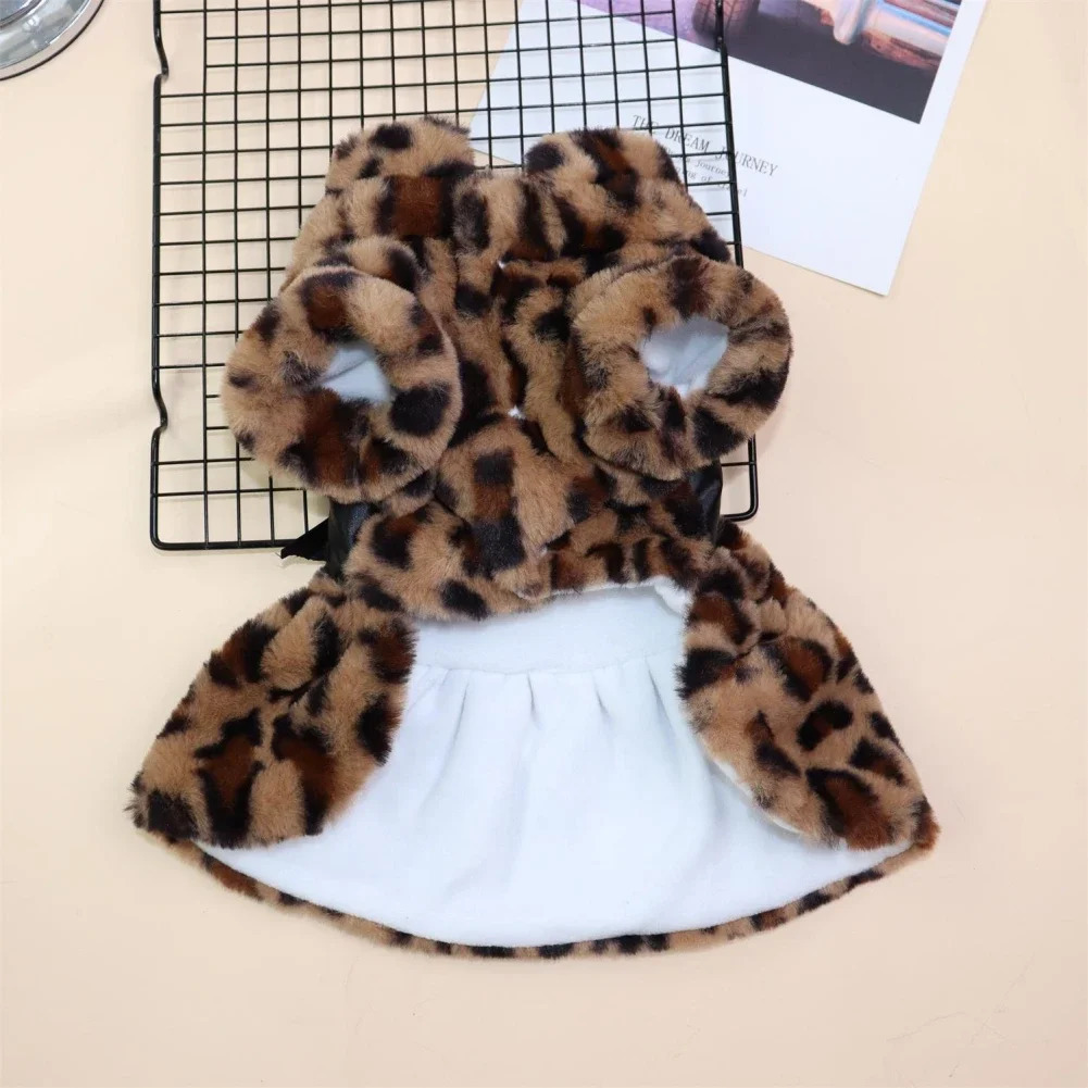 Pet Elegant Fur Winter Warm Overcoat Small Dog Cat Clothes Bowknot Leopard Chihuahua Princess Party Dress 251129 H260130