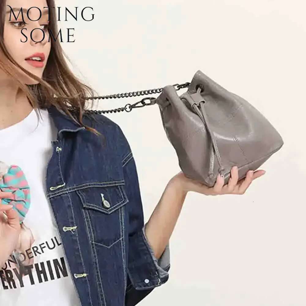 Motingsome Samll Bucket Bag For Women 100% Natural Leather Handbag Chains Shoulder Purses Female Mini Pouch Yellow New In 2024