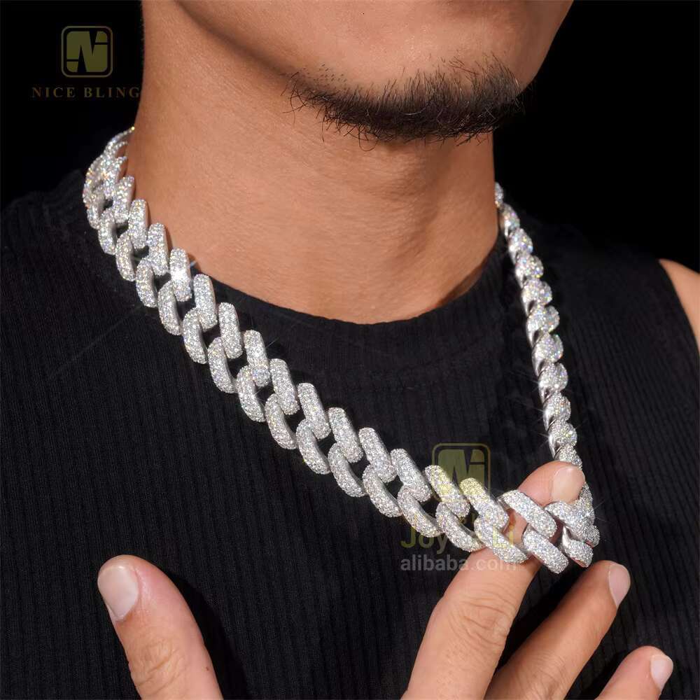 Fine Jewelry Mens Iced Out Jewelry Three Rows 20mm Silver 925 Moissanite Hip Hop Jewelry Cuban Link Chain Men Necklace