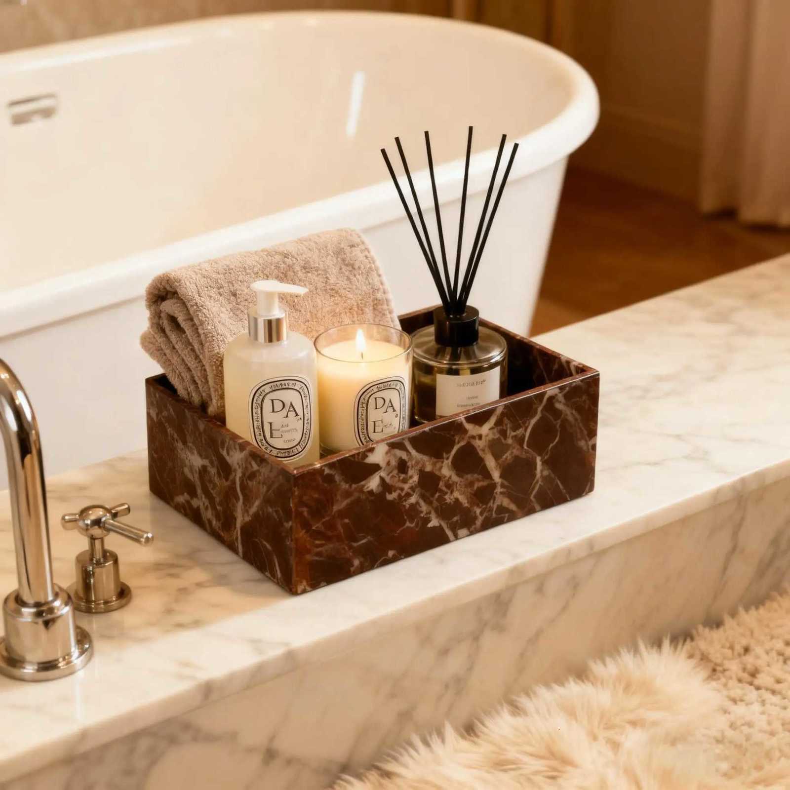 Natural Marble Cotton Swab Holder Rectangular Organizer for Qtips Makeup Bathroom Vanity Purple Stone Tray Box Y251129