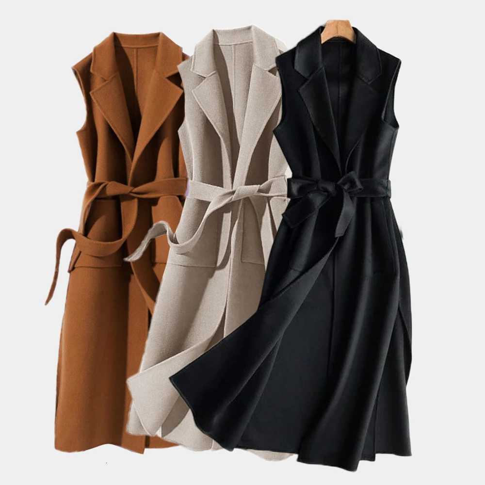 2025 New Mid-Length Trench Coat Vest for Women Elegant Tie Waist Sleeveless Wool Blend Slim Fit CoatT251129