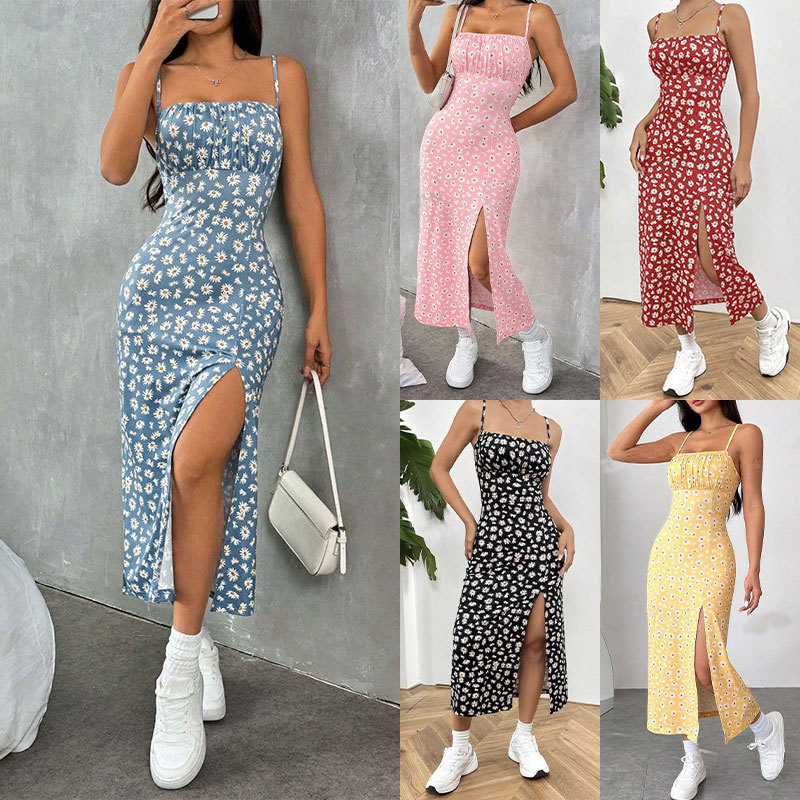 L1117New Amazon Spring and Summer Sling Wrap Chest Slit Daisy Hip-wrapped Printed Medium Dress for Women