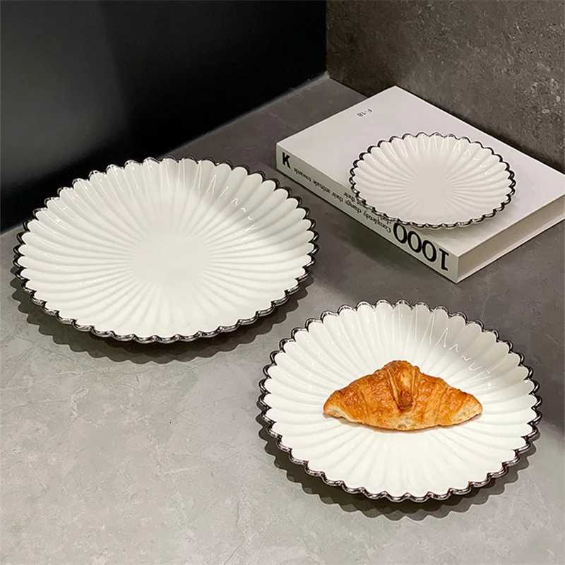 Luxury Light Luxury High-end Ceramic Dish 6/8/10in Plating Silver Flower Edge Round Restaurant Plate Square Afternoon Tea Dessert Plate Y251129