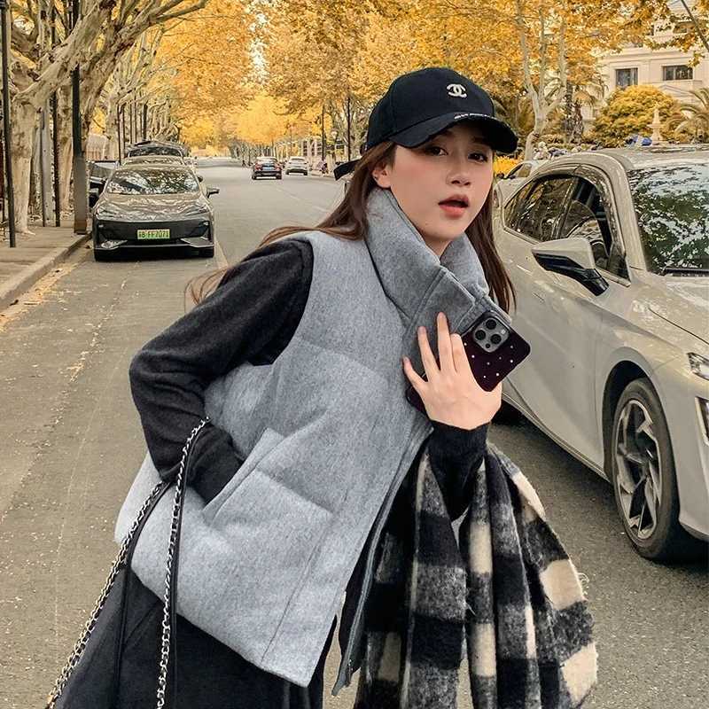 Short Down cotton Vest Womens 2025 Korean Fashion New Stand-up Sleeveless Zipper Student Vest Jacket Black Gray Waistcoat TideT251129