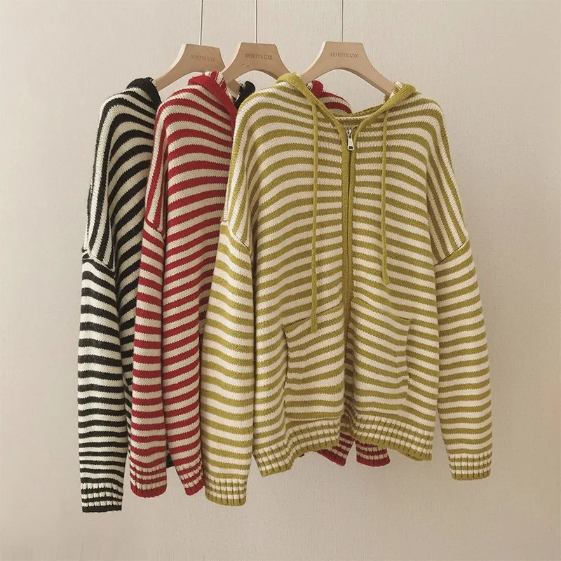 Oversized Knitted Striped Hooded Cardigan Women Autumn Winter Loose Casual Zipper Sweaters Versatile Knitting Outerwear 251128 - view 4