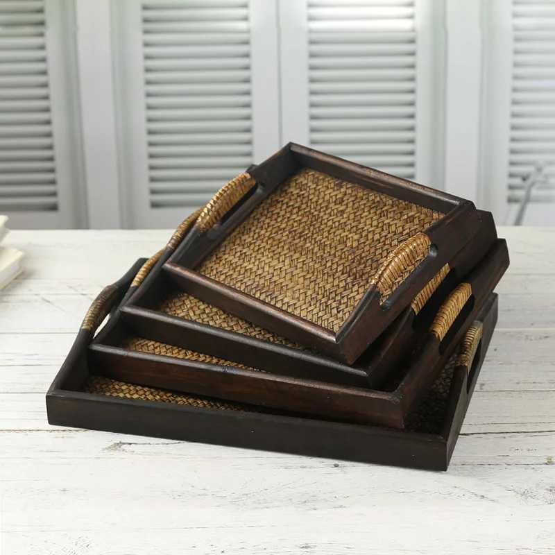 Wooden Tray Thai Rattan Beauty Salon Tray Hotel Rectangular Water Cup Tea Cup Storage Tea Tray Y251129