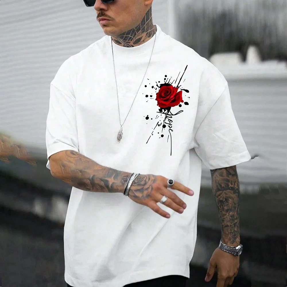 Fashion Rose Graphic Print Plus Size Mens T-shirt Soft Crew Collar Short Sleeve Top Large Loose Mens T-shirt Clothing 250429