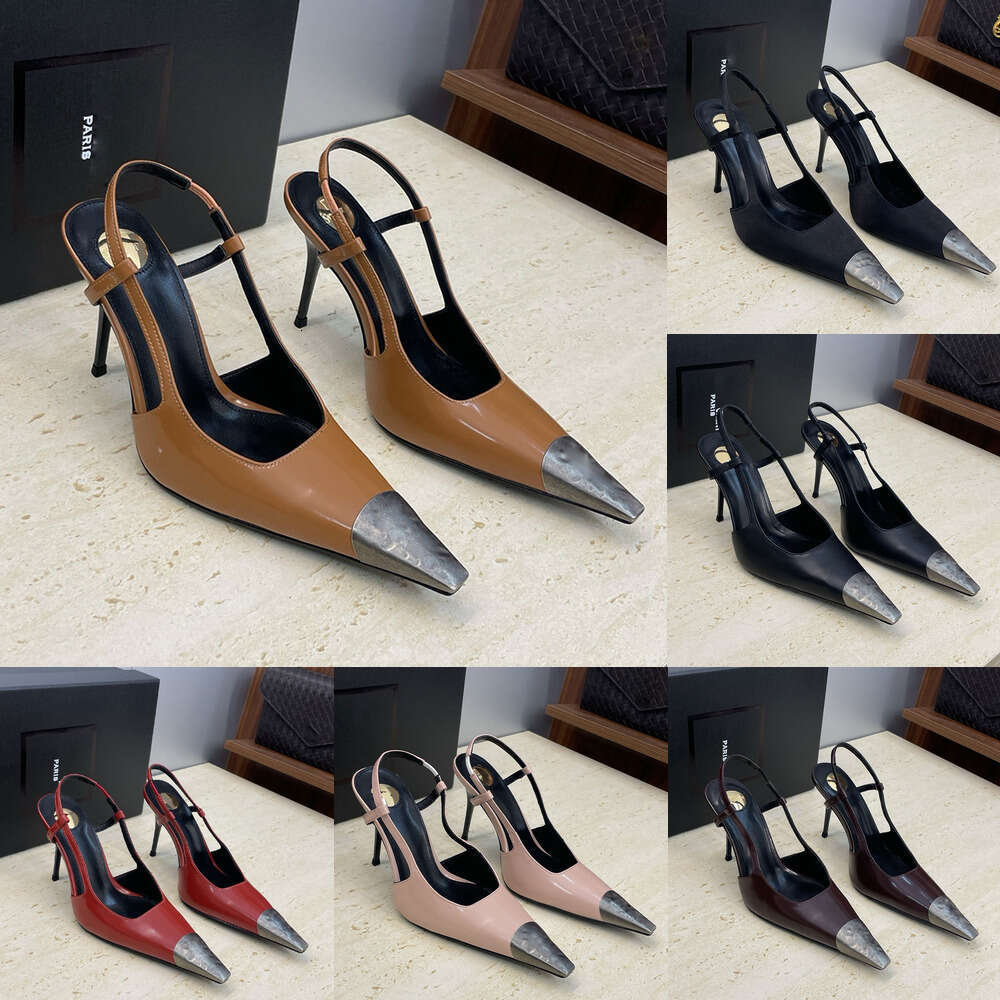 2025 new Designer Elasticized Slingback Strap Pumps high heel sandal Metal Cap Toe patent leather silk jelly colored back empty sandals fashionable Ladies Sandal